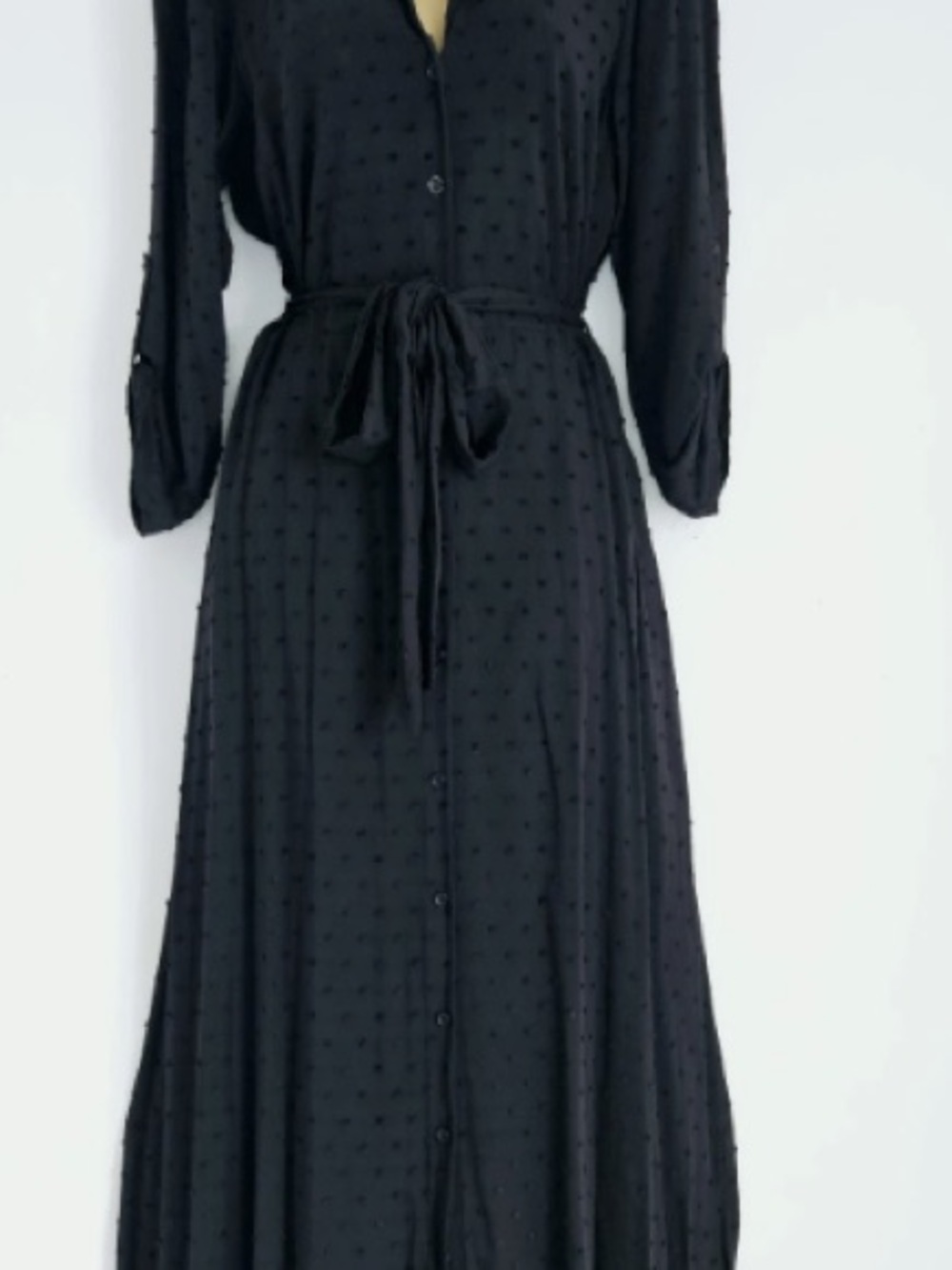 Black Button-Front Maxi Dress with Tie Waist